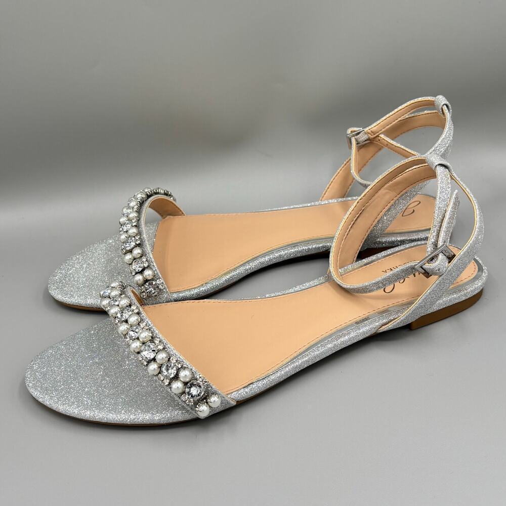 Jewel Badgley Mischka Women's Daria Silver Sparkle Bling Flat Sandals Size 8 New - Picture 6 of 11